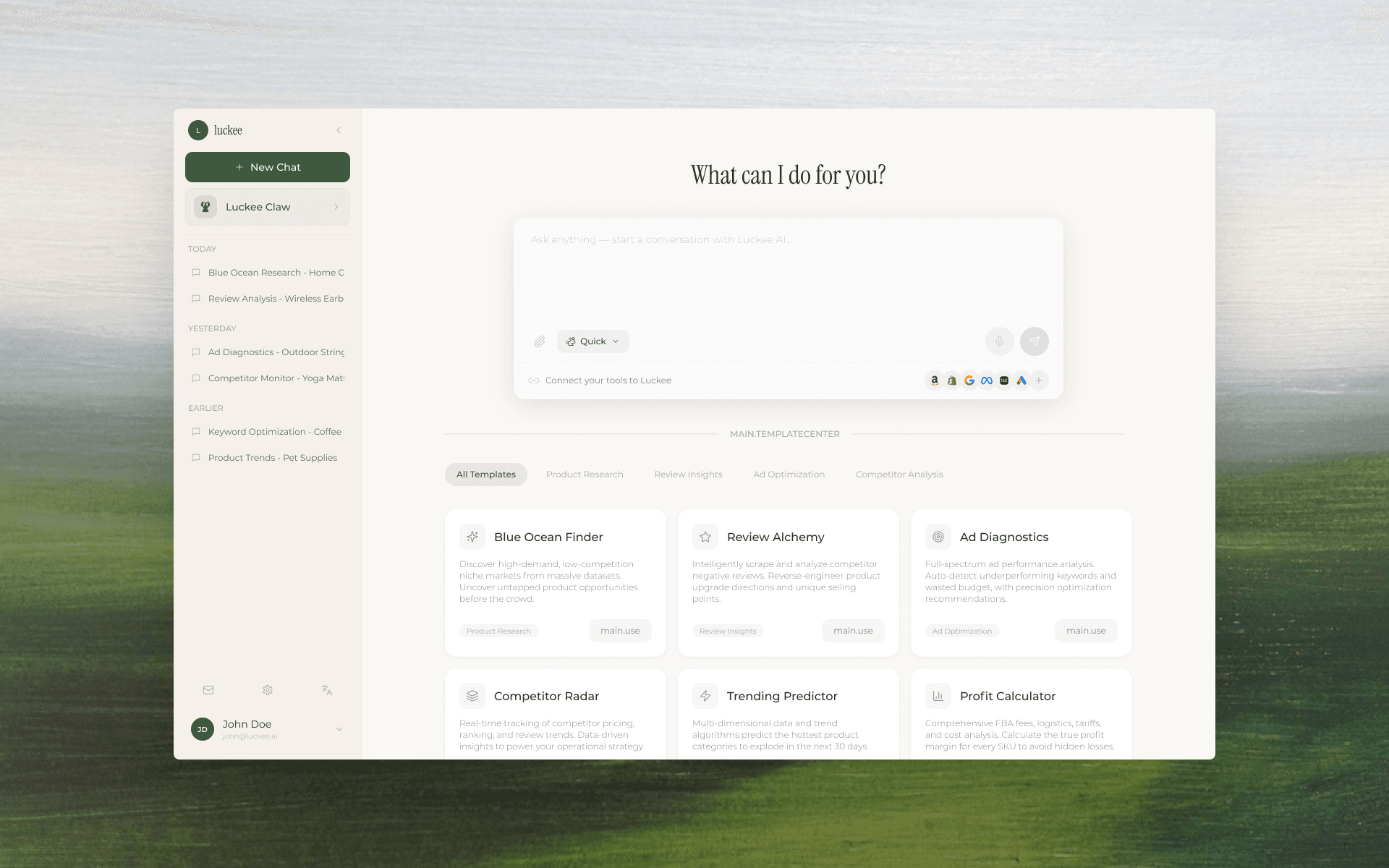 Luckee home workspace · chat input, conversation history, and six research templates