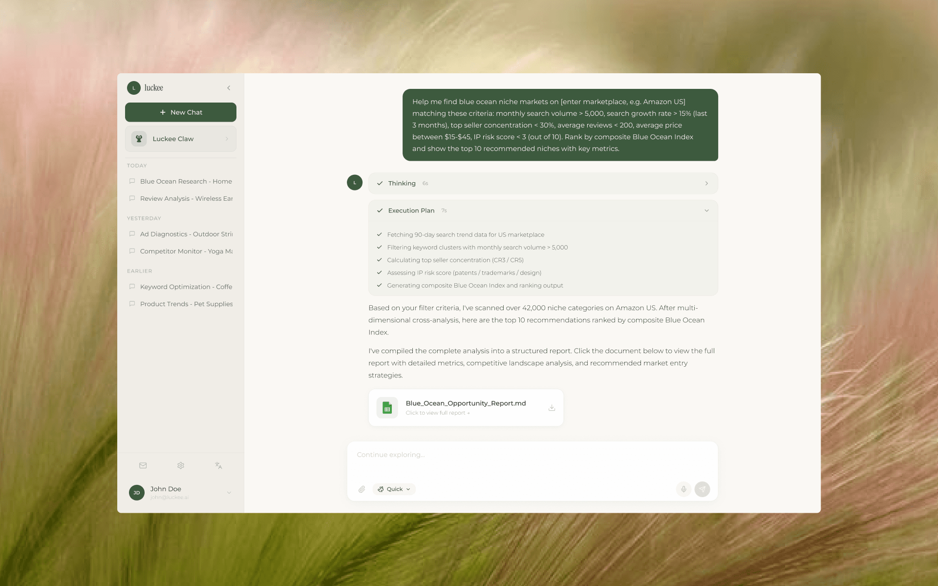 Luckee chat · Execution Plan with checkmarks, narrative summary, and downloadable Blue_Ocean_Opportunity_Report.md