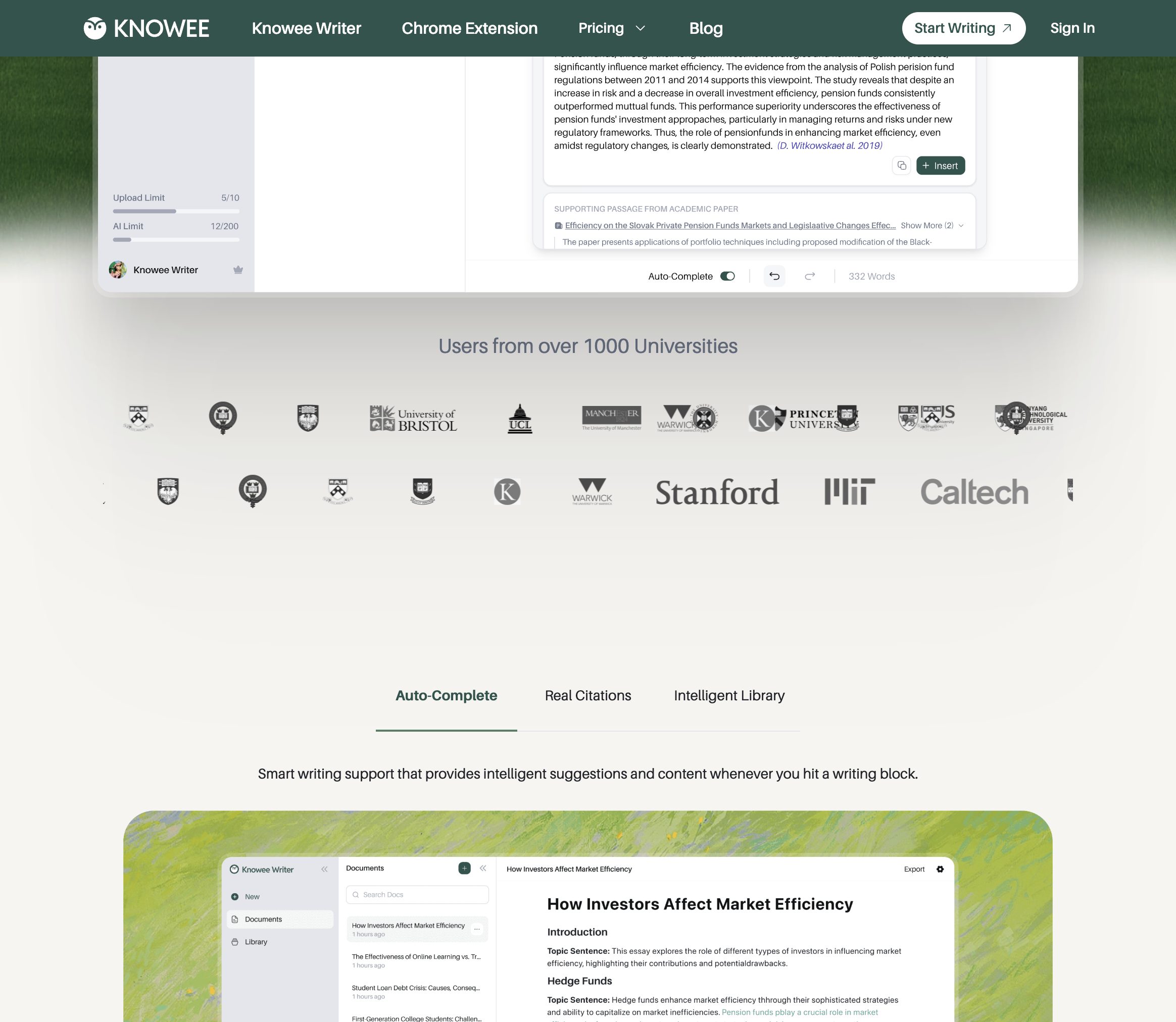 Landing — 1000+ universities social proof and the three-tab feature showcase (Auto-Complete / Real Citations / Intelligent Library)