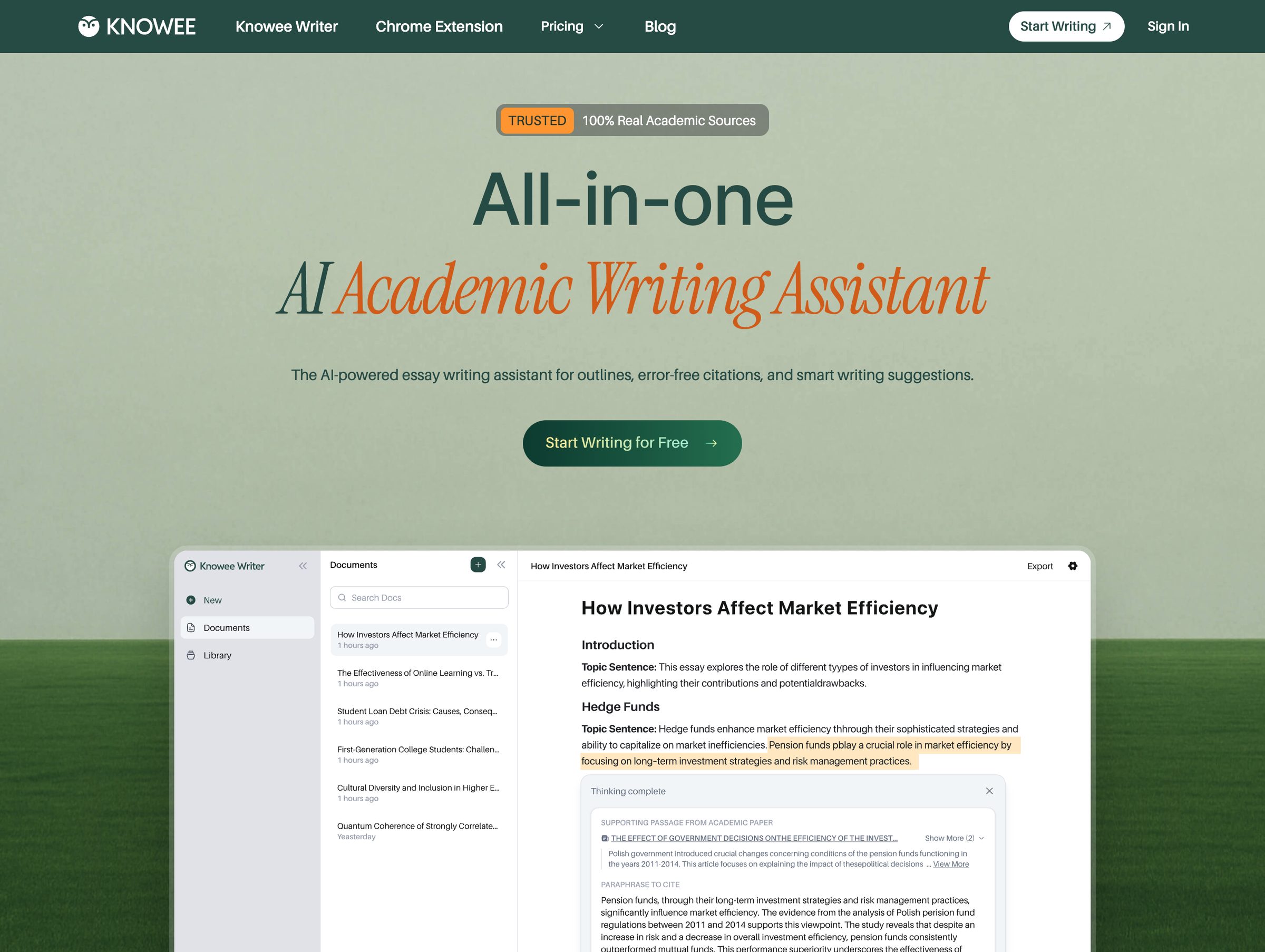 Knowee — All-in-one AI Academic Writing Assistant, homepage hero with editor preview