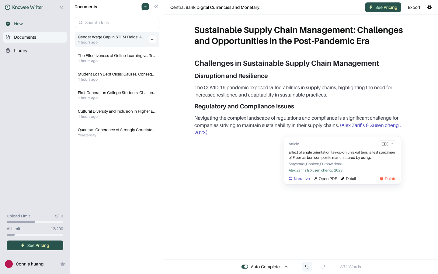 Inline citation hover card with source details