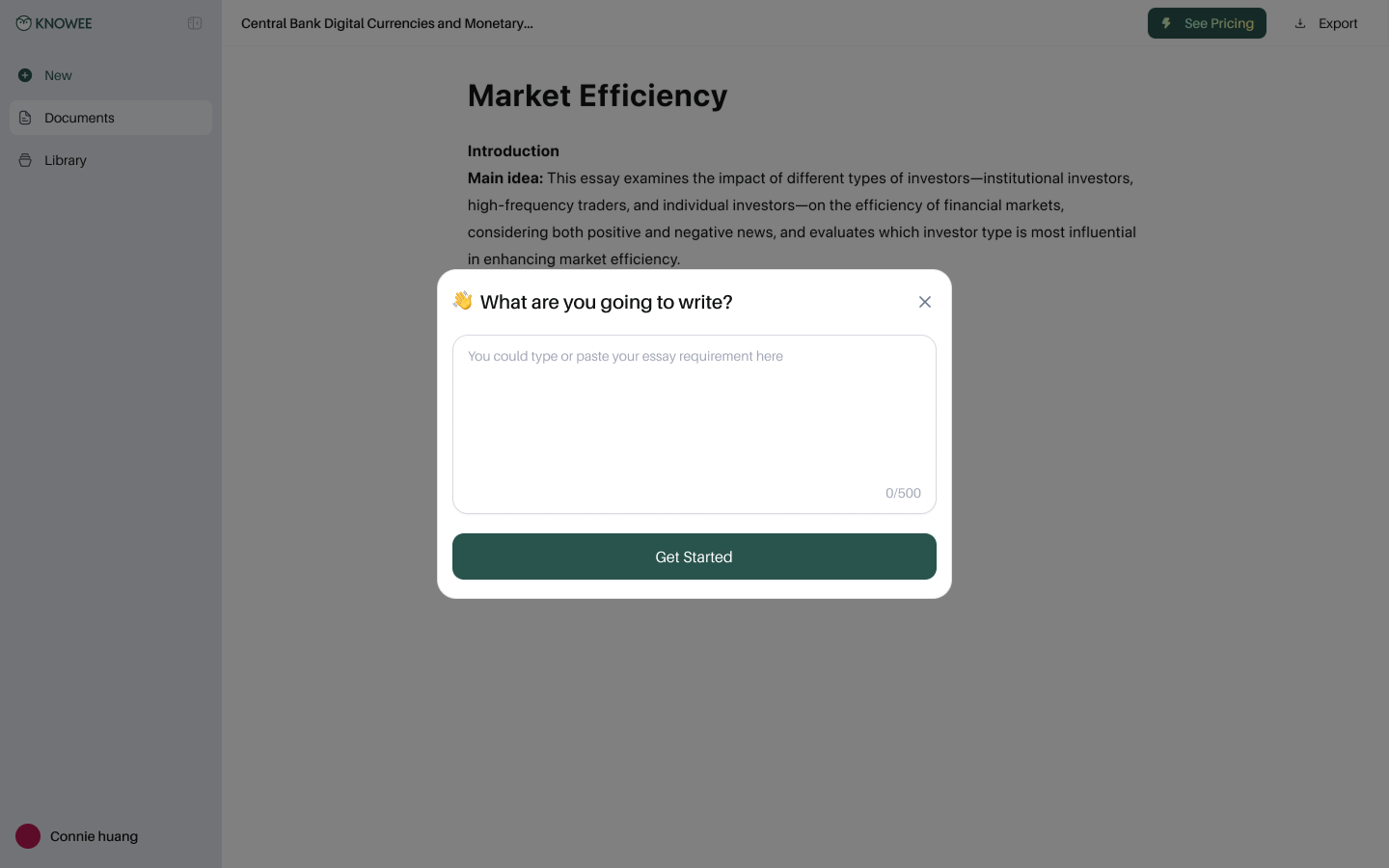 Prompt asking for writing intent