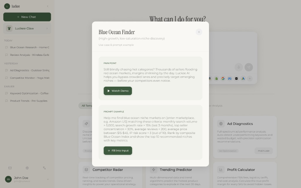 Blue Ocean Finder template detail — pain point, demo video, prompt example with Fill into Input